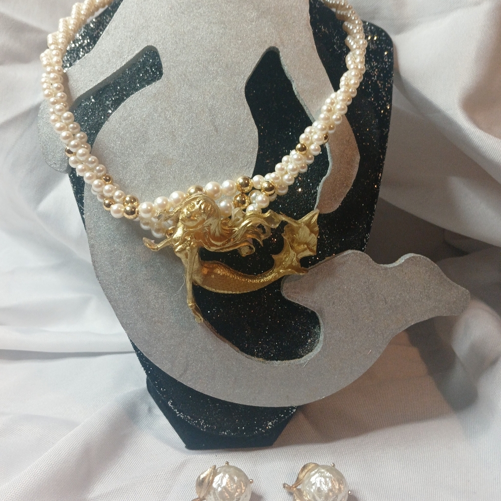 Elegant Gold Mermaid Pearl Necklace And Earrings